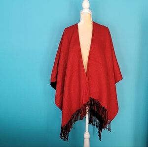 Shana K reversible blanket scarf wrap poncho with fringe Red Black